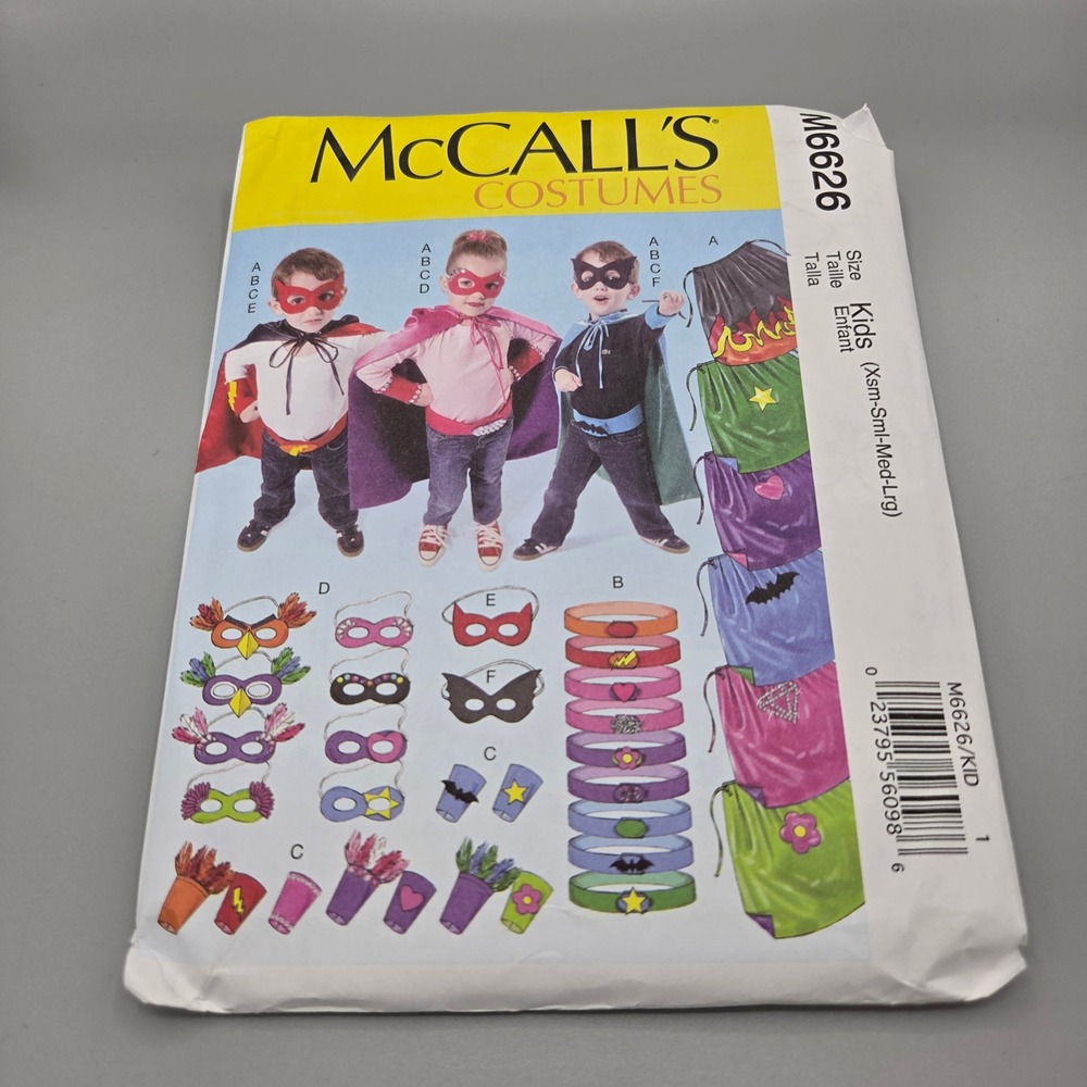 McCalls M6626 Kids Superhero Costume Sewing Pattern Cape Mask Belt XS-L 2012